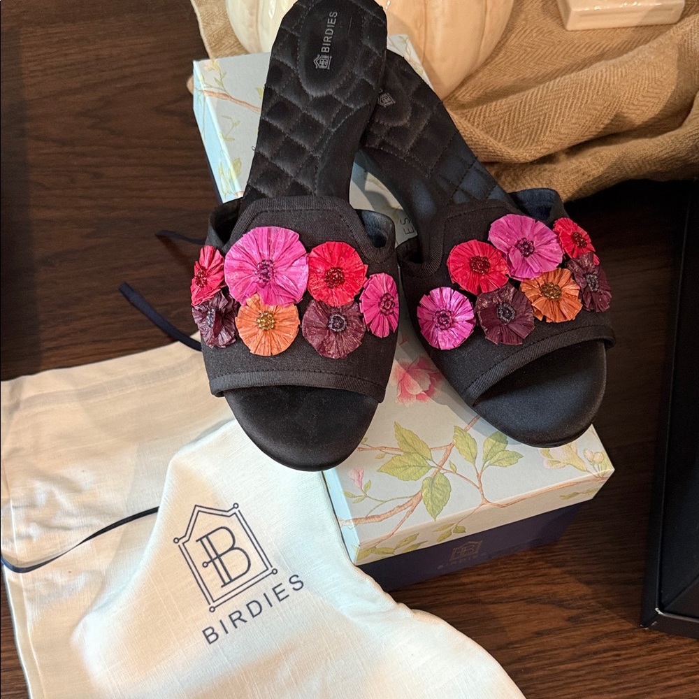 Birdies Black Sandals with Pink and Orange Floral Accents